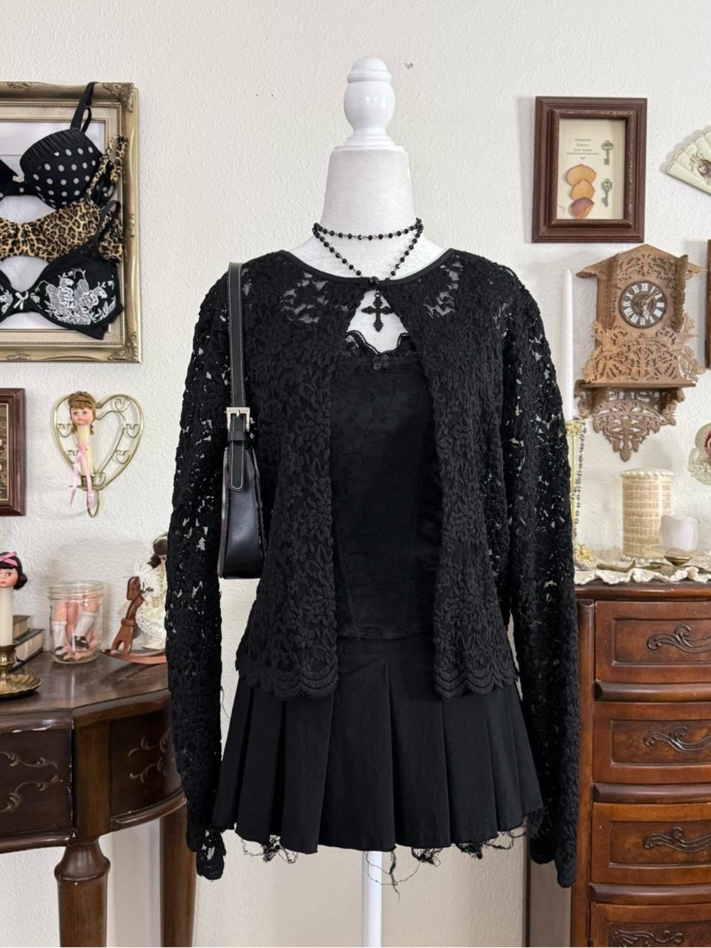 Vintage 90’s dainty romantic goth dark coquette sheer black lace cardigan